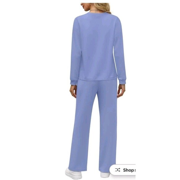 Fantaslook Blue Small Two Piece Lounge Set Outfit LS Top Wide Leg Pants - Picture 2 of 7